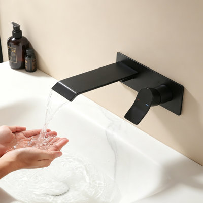 Wall Mount Waterfall Bathroom  Sink Faucet Single Handle with Brass Valve，Matte Black