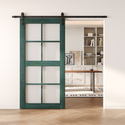 Homacer Royal Pine 26in x 80in 8-Lite Glass Design Unassembled & Pre-Finished Barn Door, interior use only