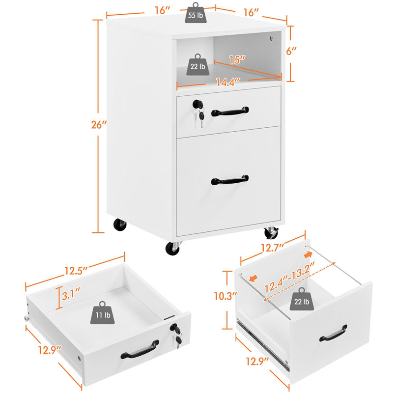 Elisbeth 16'' Wide 2 -Drawer Mobile File Cabinet, White