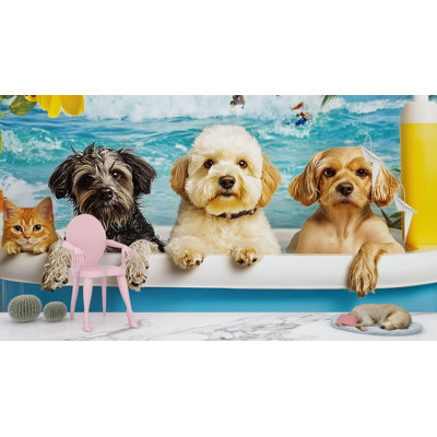 Papier peint de plage avec chien et chat - Papier peint de salle de bain sur le thème de l'océan tropical avec des animaux de compagnie dans la baignoire