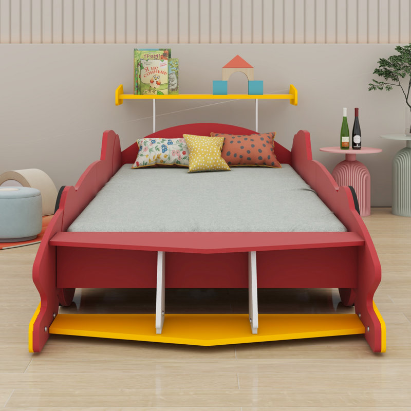 Race Car-Shaped Platform Bed With Wheels, Red