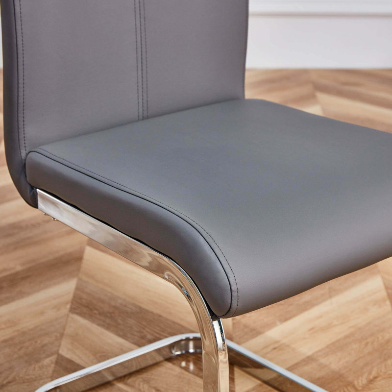 Rheese Modern Faux Leather Cantilever Dining Chairs with Metal Base and Top Handle, Black, Silver, 6