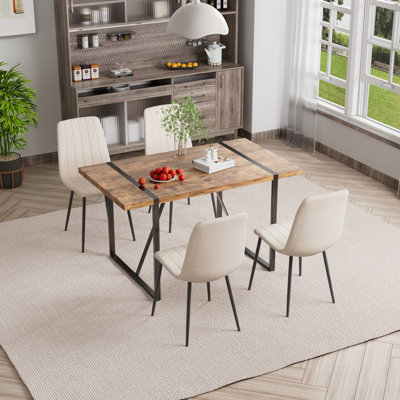 Industrial 55-Inch Rectangular MDF Dining Table with Upholstered Dining Chairs