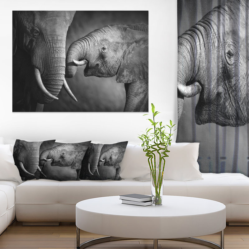 Éléphants montrant l'affection - impression d'art graphique, H 30 po x l 40 po, Toile tendue
