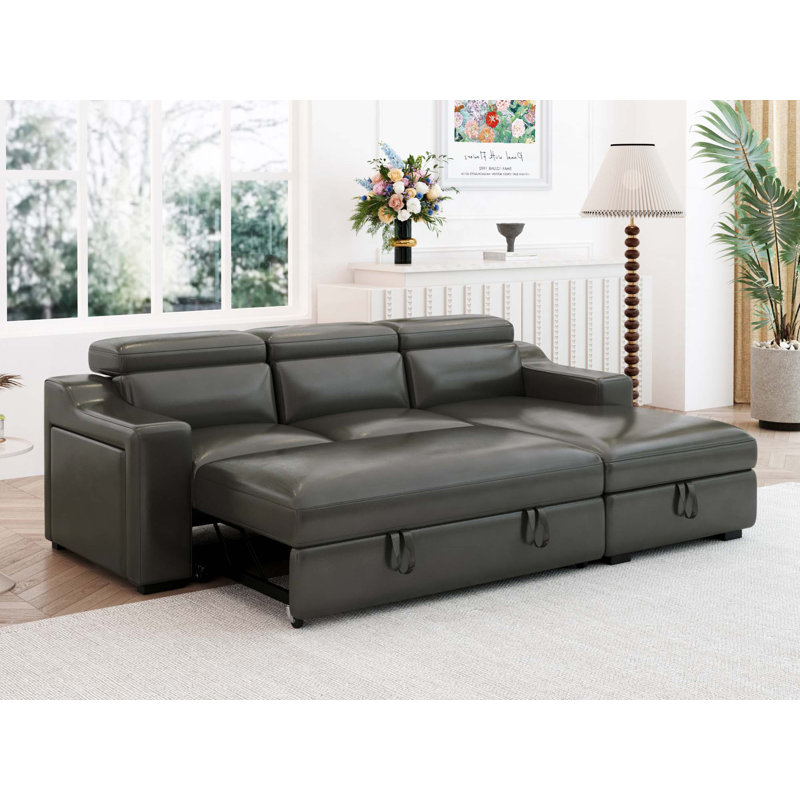 Canapé modulaire convertible de 103 po avec méridienne de rangement, appui-tête réglable, canapé-lit d'angle en L avec lit escamotable, charge USB et porte-gobelet