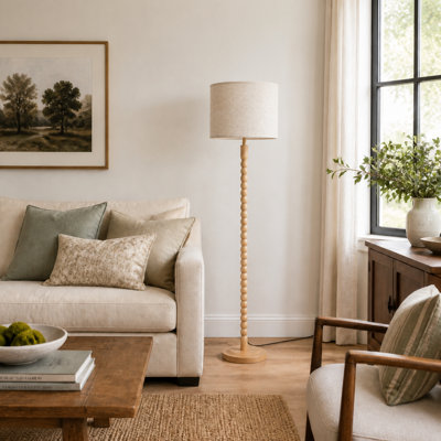 Lampe sur pied en bois pour le salon avec abat-jour tambour en tissu, naturel