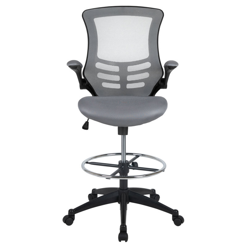 Mid-Back Mesh Ergonomic Drafting Chair with Adjustable Foot Ring and Flip-Up Arms, Dark Grey