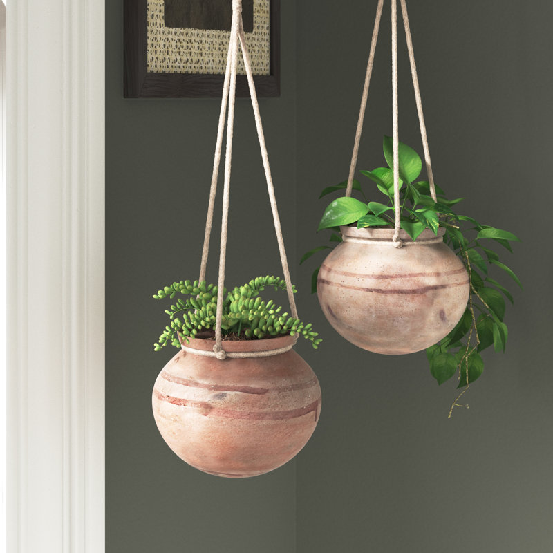 Round Clay Planter Pot with Painted Design and Jute Rope - Thumbnail 3