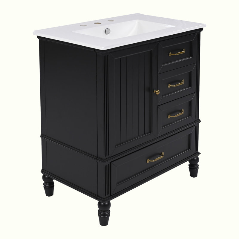 Meuble-lavabo avec lavabo et armoire avec tiroirs, Noir, noir, noir, noir, Doré