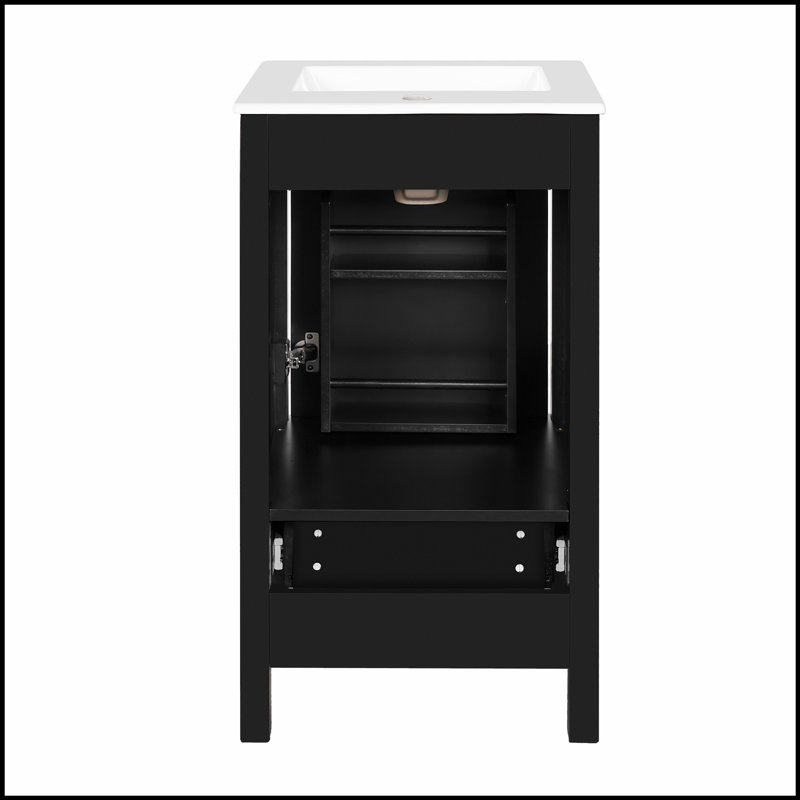 Meuble-lavabo moderne de 18 pouces avec lavabo en céramique, tiroirs à fermeture en douceur et organisateur de porte, tiroir de séparation et patins réglables en plastique - solution de rangement compacte pour les espaces étroits.