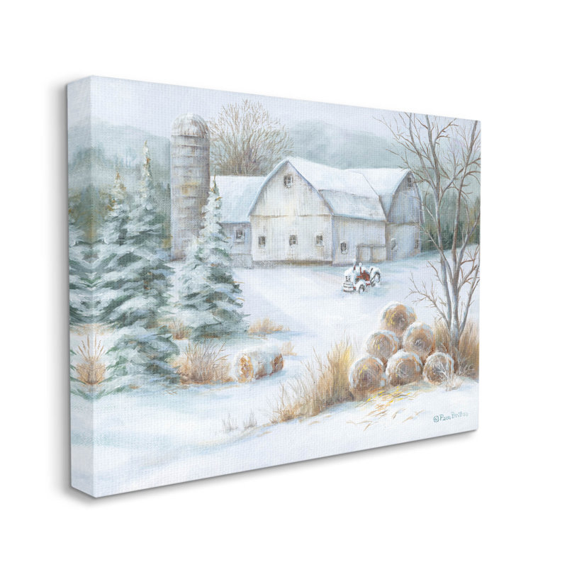 Niveous Country Barn Snow Scène, estampe numérique par Pam Britton, H 24 po x l 30 po x P 1,5 po, Cadre noir