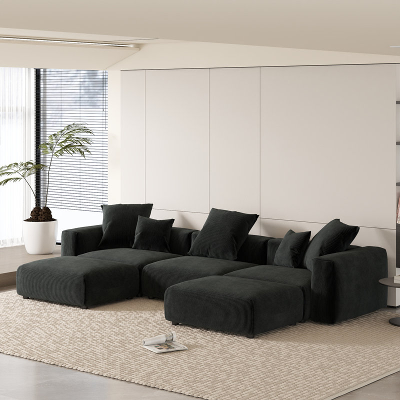 Olivery Nedek Upholstered Boneless 5-Piece Modern Modular Cloud Corduroy Fabric Sectional Sofa With Ottoman, Black Corduroy