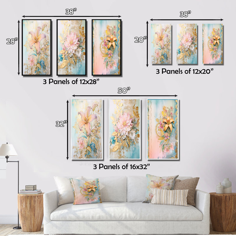 «Gilden Pink Lily Vintage Illustration II», 3 pièces sur toile, Cadre flottant blanc, H 32 po x l 48 po