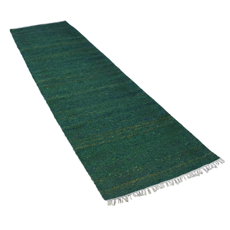 Hand Woven Solid Dark Green Cotton & Polyester Runner Indoor Area Rug, Runner 2'6'' x 6'