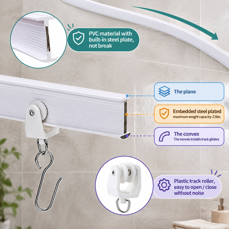 Ce rail de rideau de plafond flexible et pliable mesure 5 mètres (16,4 pieds) ; il peut servir de séparateur de pièce, de traitement de fenêtre ou de baie, de rail de douche, de rail de rideau de remorque ou de VR et de rail de rideau de plafond.