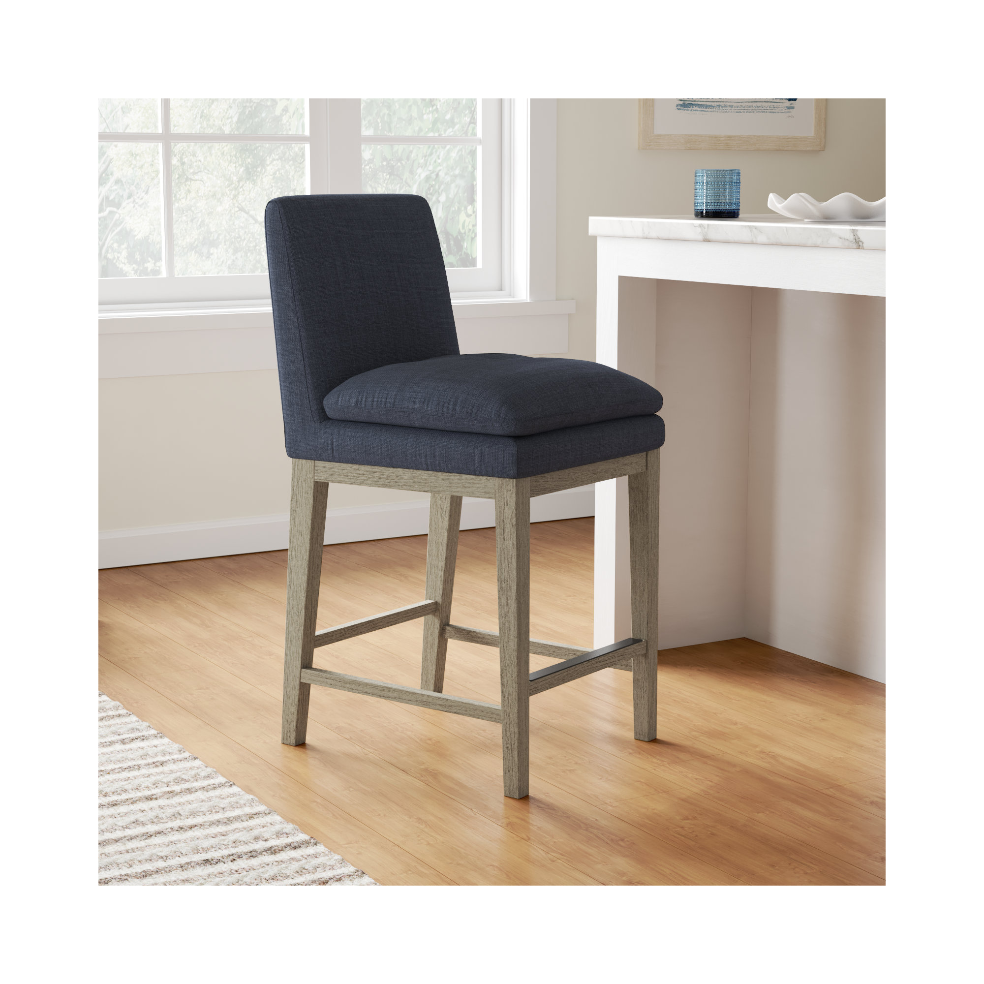 Bethea Upholstered Counter Stool, Insignia Blue, Graywash