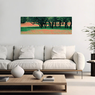 Indian Paintbrushes And Scattered Oaks, Texas Hill Co, Texas, Usa Abstract Contemporary Oak Flower Landscape Wall Art