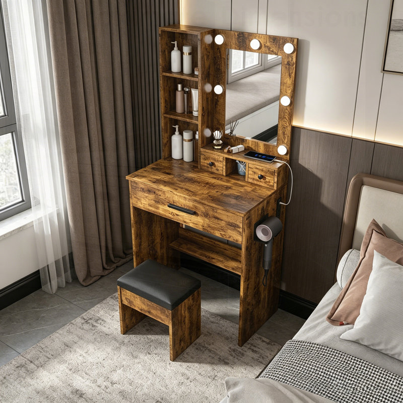 Table de coiffeuse compacte avec lumières DEL réglables, prise de courant, support pour sèche-cheveux et tabouret pour les petites chambres