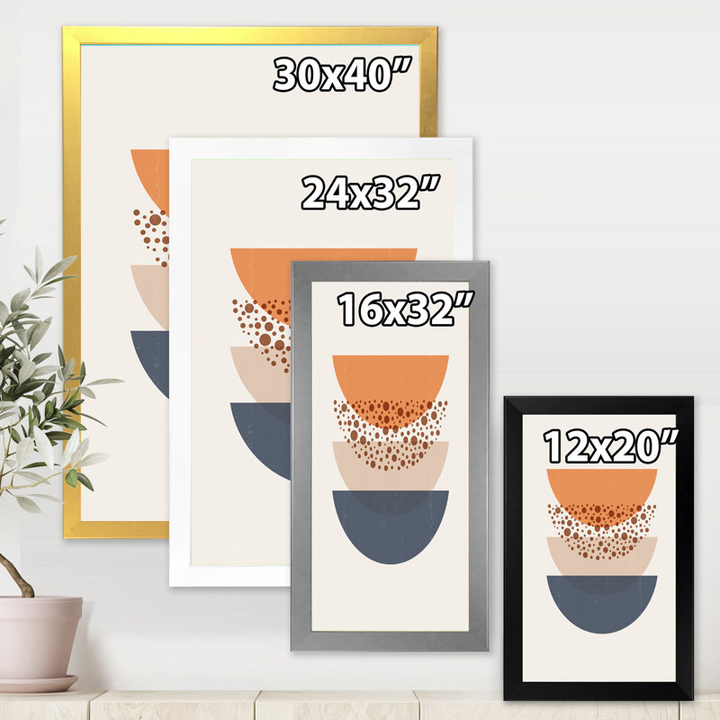 «Abstract Sun and Moon Geometrics in Blue and Orange», impression sur toile, Toile avec cadre noir