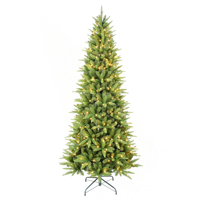 Arbre de Noël mince en PE + PVC avec lumières DEL blanc chaud et support en métal robuste, 7'