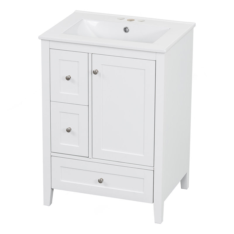 Meuble-lavabo de 24 pouces avec rangement spacieux, tablette réglable et panneau de fibres à densité moyenne durable et bois d'hévéa