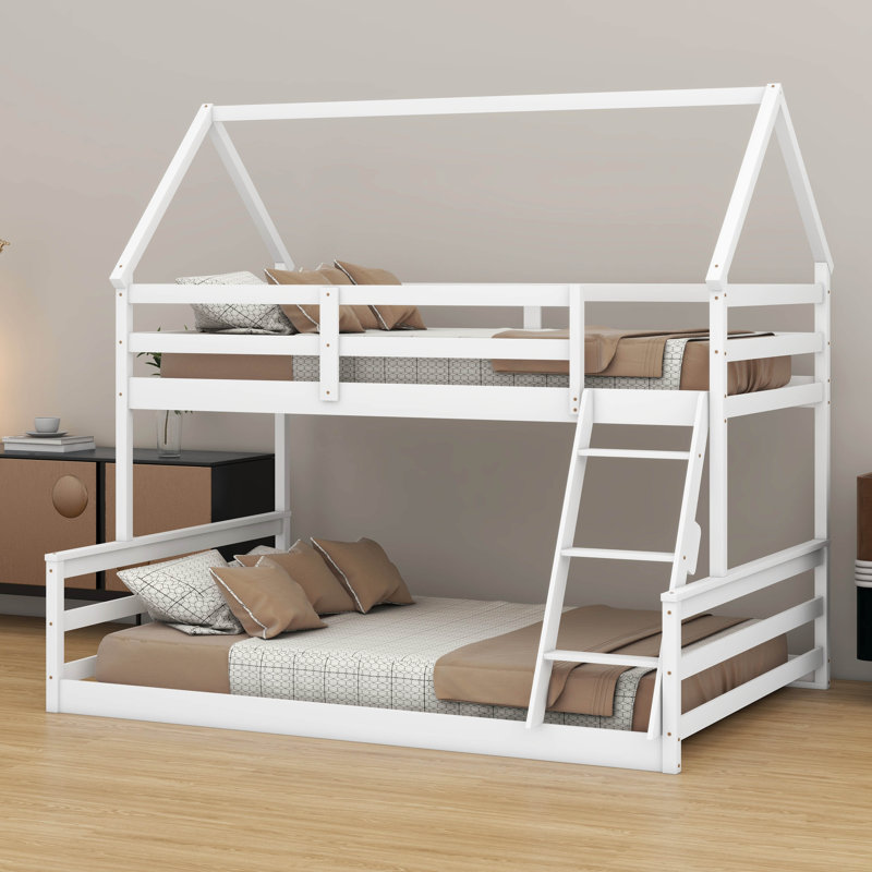 Lit simple superposé simple en bois de pin avec échelle intégrée et garde-corps double, Blanc
