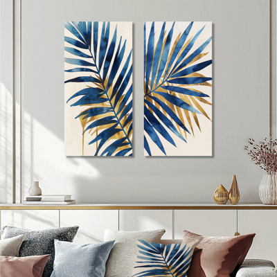 Blue And Gold Palm Tree Leaves I - Palms & Palm Trees Wall Art 2 Pieces Set