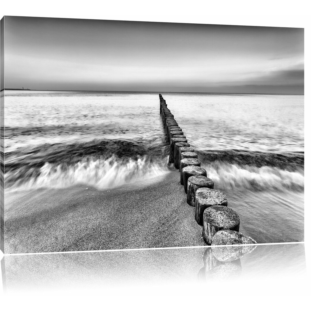 Leinwandbild Baumstümpfe die ins Meer führen in Monochrom