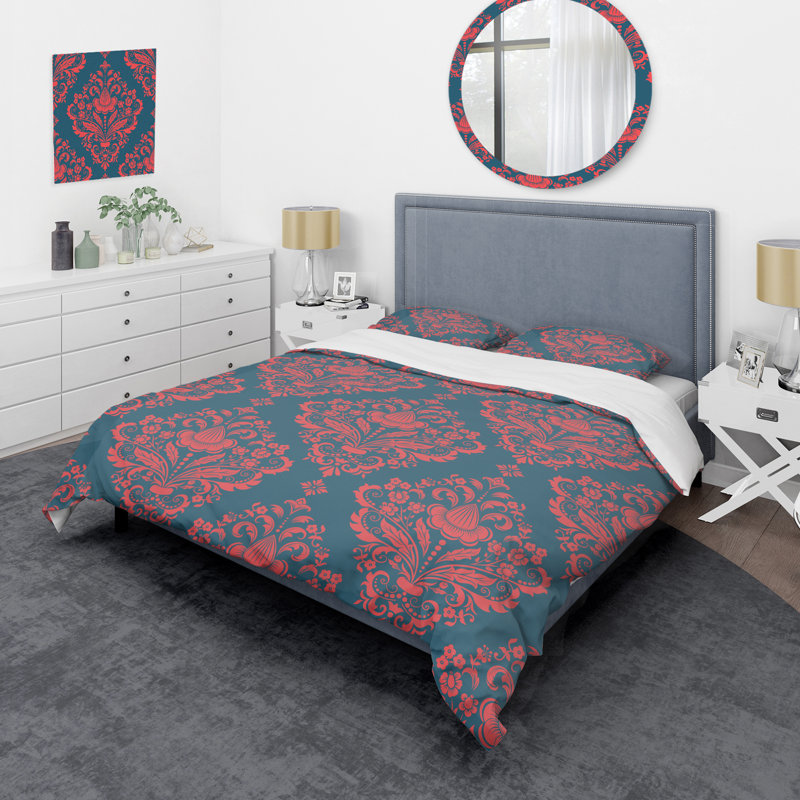 Gris et rouge damassé - ensemble de housse de couette abstrait - microfibre de polyester