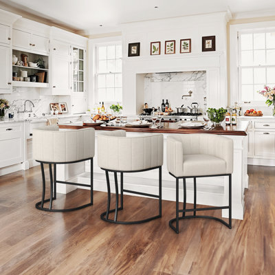26.4" H Counter Height Bar Stools Set Of 3, Modern Barrel Counter Stools With Backrest And Arms, Metal Legs, Upholstered Accent Barstools For Kitchen