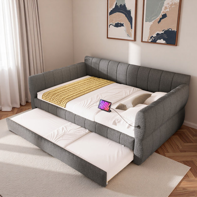 Upholstered Daybed With Usb And Trundle, Gray
