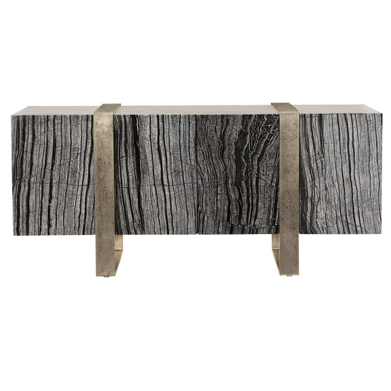 Beige and Black Oak Media Console with Marble Doors