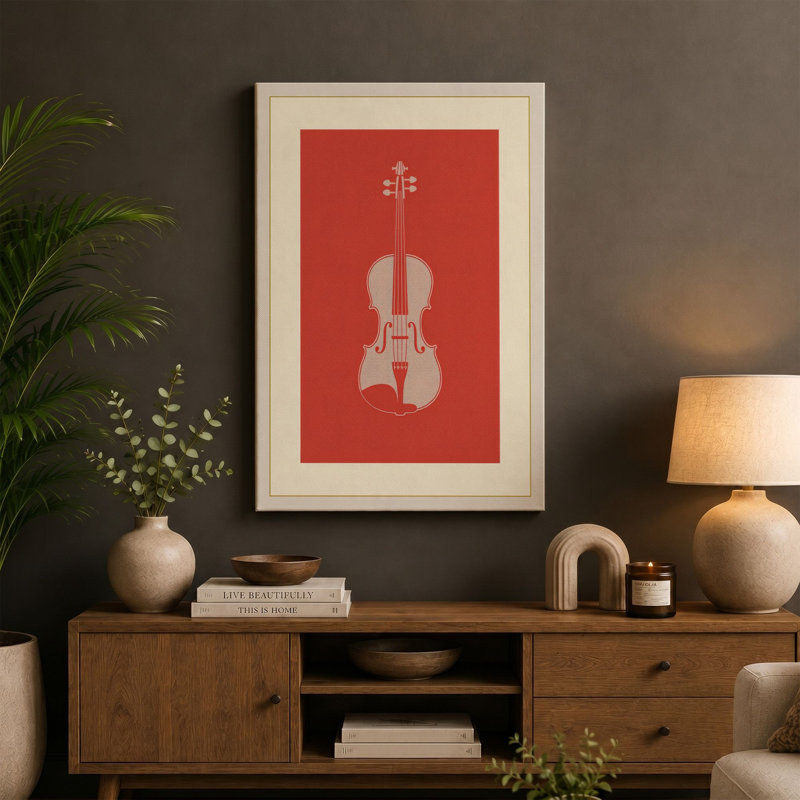 Violin in Red Minimalist - Wrapped Canvas, 18x12 - 45.7 x 30.5 cm, Ochre Border