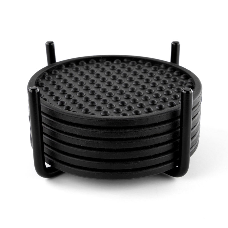 Ensemble de sous-verres ronds noirs en acier inoxydable 7 pièces avec support