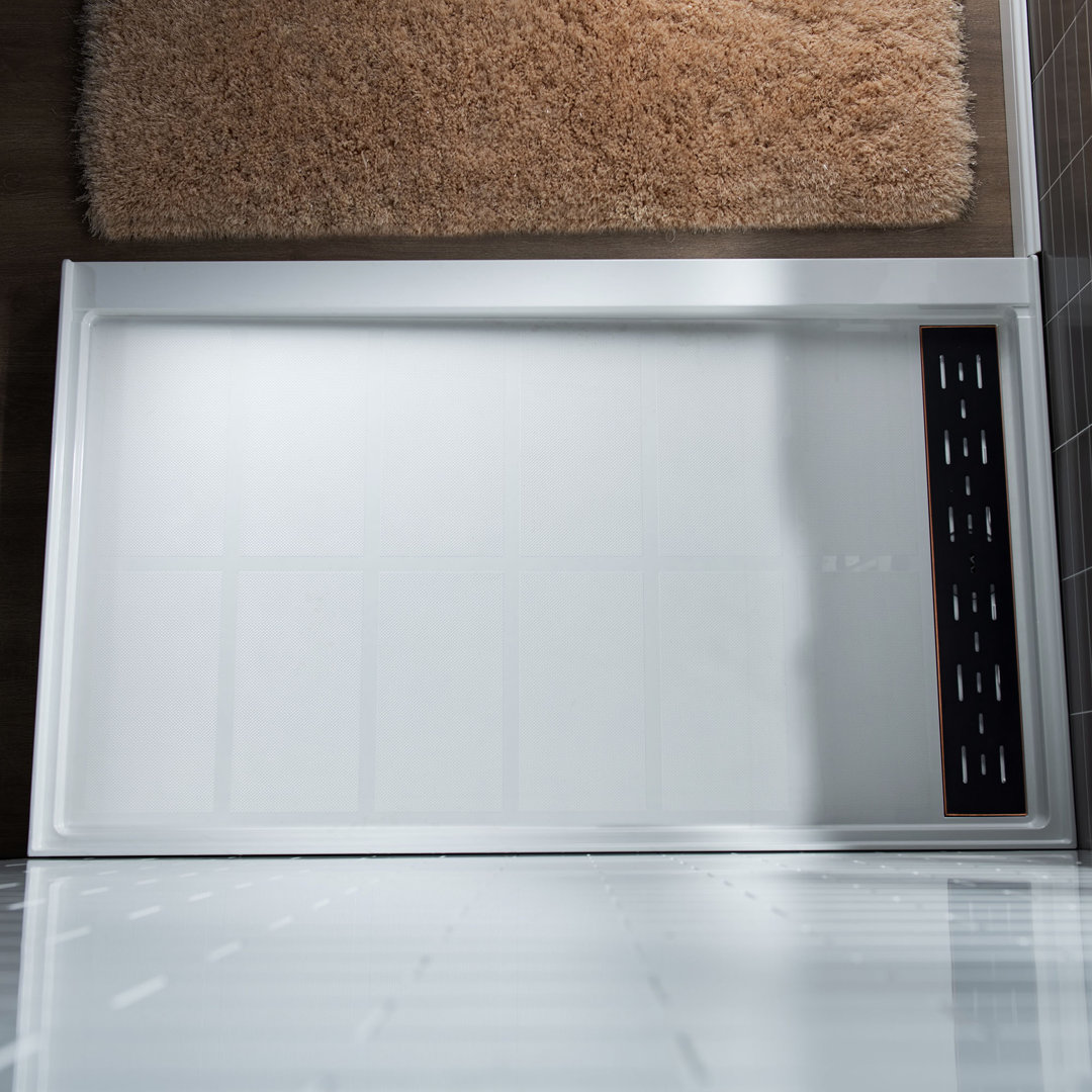 60" x 36" Solid Surface Single Threshold Shower Pan Base with Drain Assembly & Drain Cover Included, Non-Slip WoodBridge Drain Location: Right, Finish: Oil-Rubbed Bronze