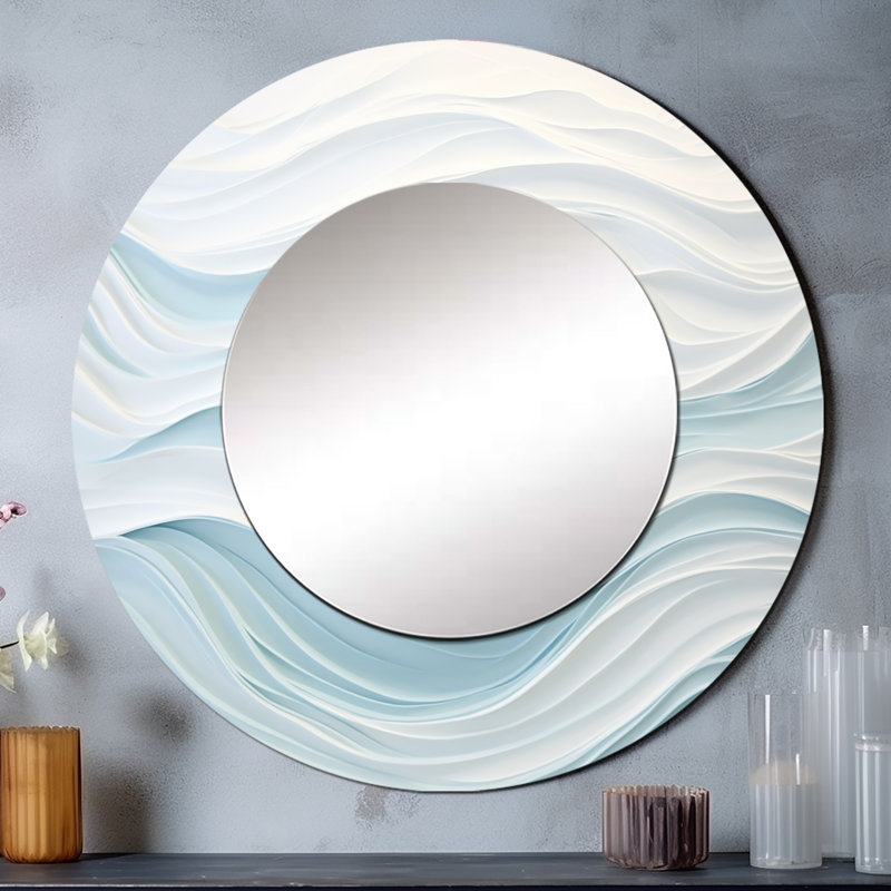Blue And White Simplicity Wave - Abstract Marble Round Mirror Wall Decor_MTMIR109503, 23" x 23"