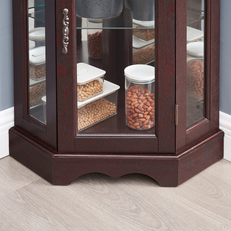 Vitrine de coin lumineuse avec portes et tablettes en verre trempé - Élégant rangement en chêne pour le salon et la chambre à coucher - Cerisier foncé