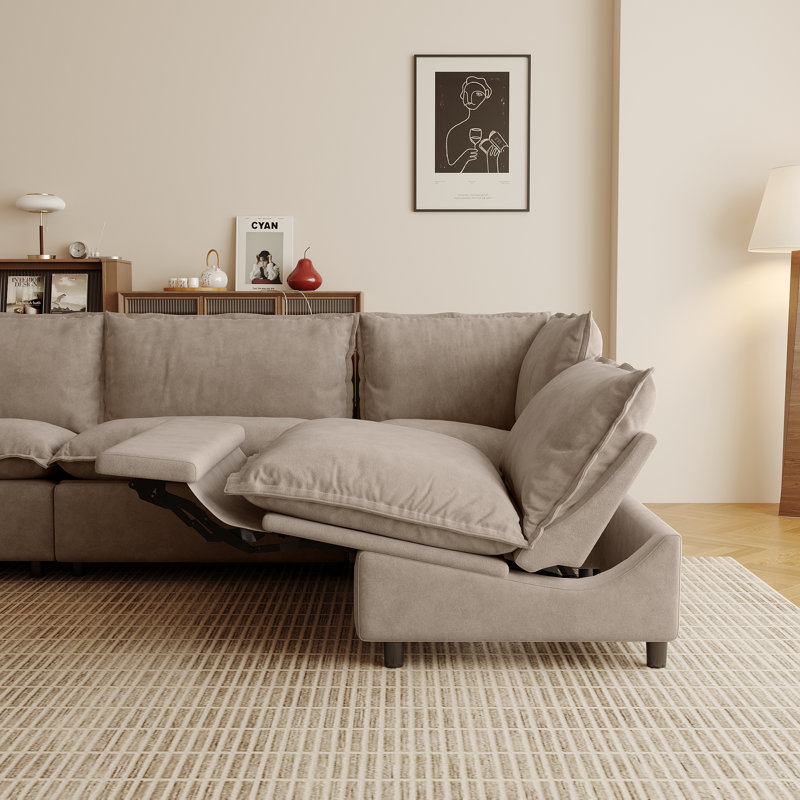 Canapé modulaire 4 pièces, canapé inclinable électrique en tissu avec coussin chauffant, Lin kaki