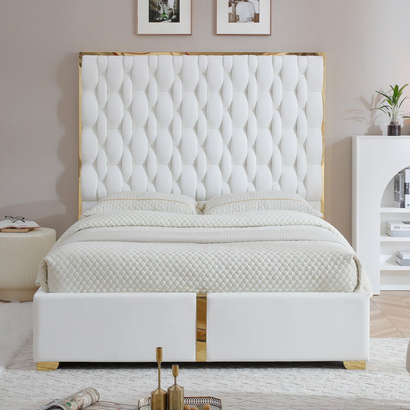 Structure de lit tapissier en cuir Rollie, Crème, Grand