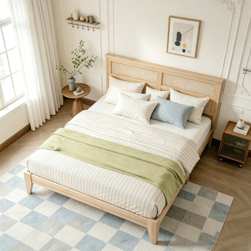 Lit en bois massif avec tête de lit en rotin, Beige, Grand lit