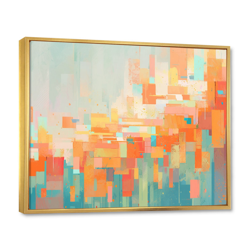 Réalités brisées orange et vertes sur toile, H 16 po x l 32 po x P 1 po, Cadre flottant doré