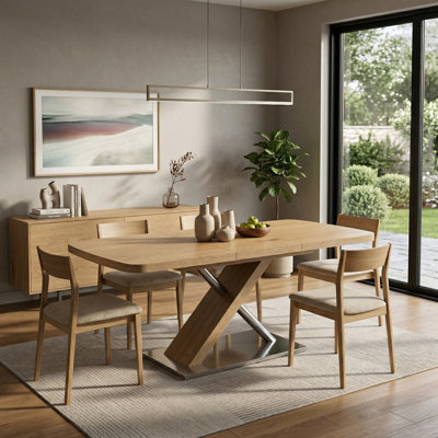 47.25" to 63" Extendable Dining Table with Cross Metal Base and Stainless Steel Tubing, Natural Wood Finish, Seats 4-6 for Kitchen, Dining Room