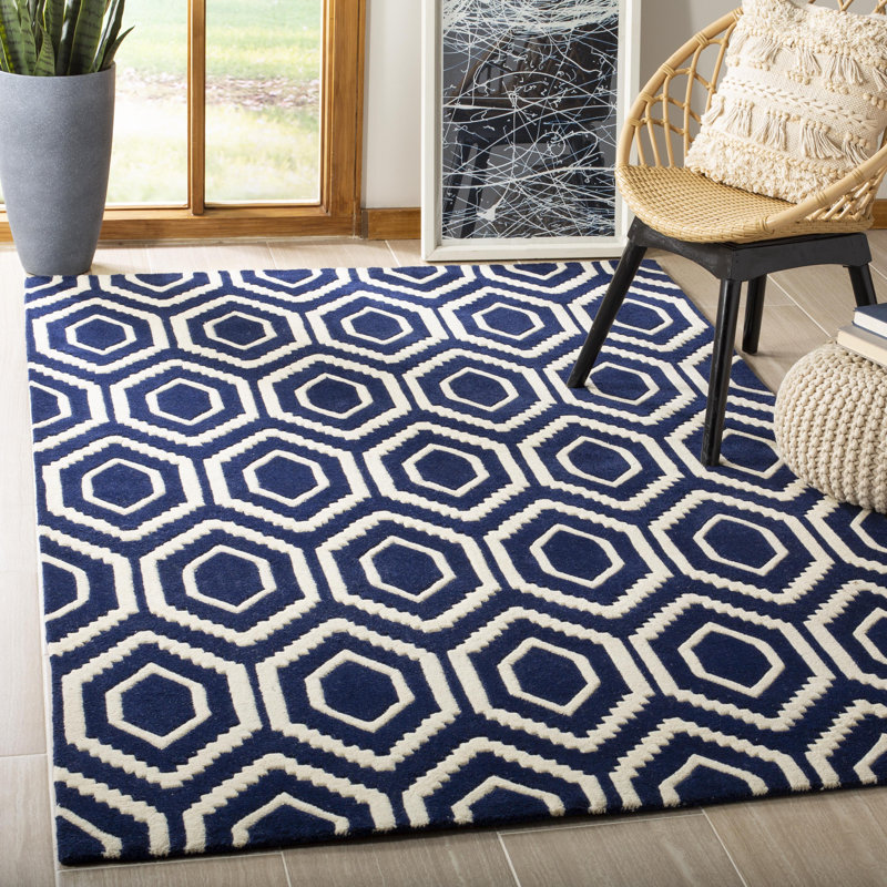 Tapis bleu foncé / ivoire en laine touffeté à la main Deedie, Rectangle de 10 pi x 14 pi