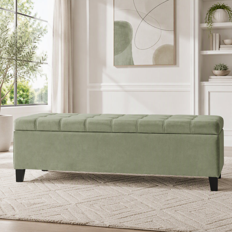 Repose-pieds avec rangement, repose-pieds rectangulaire, banc de rangement rembourré, Vert pâle