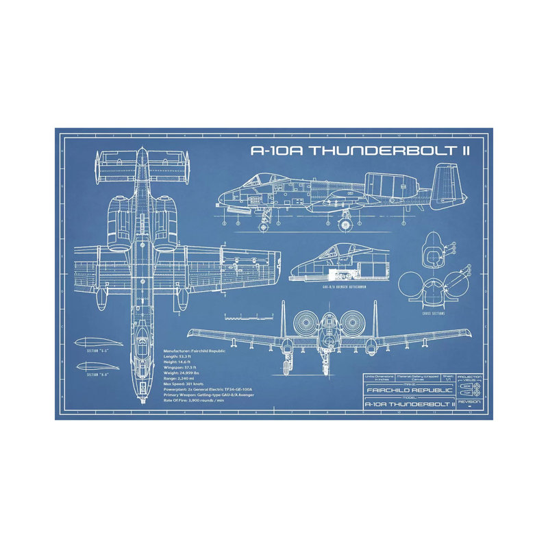 A-10 Thunderbolt II [Warthog] Airplane Blueprint by Action Blueprints - Wrapped Canvas Print