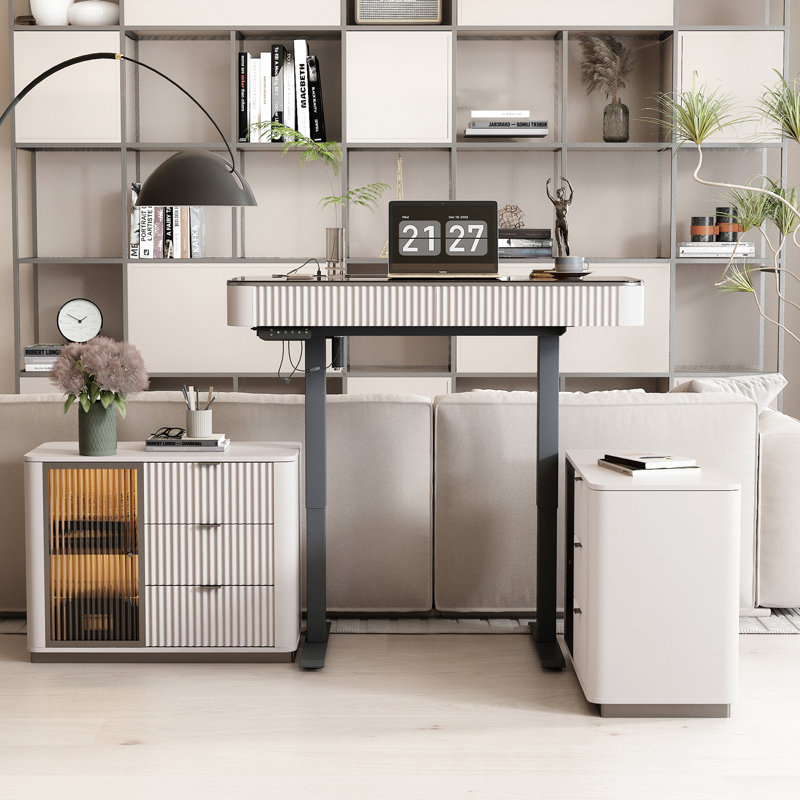 Height Adjustable Rectangle Standing Desk with Cabinet, Teal/Beige/Black , 29.5"" H x 47"" W x 23"" D