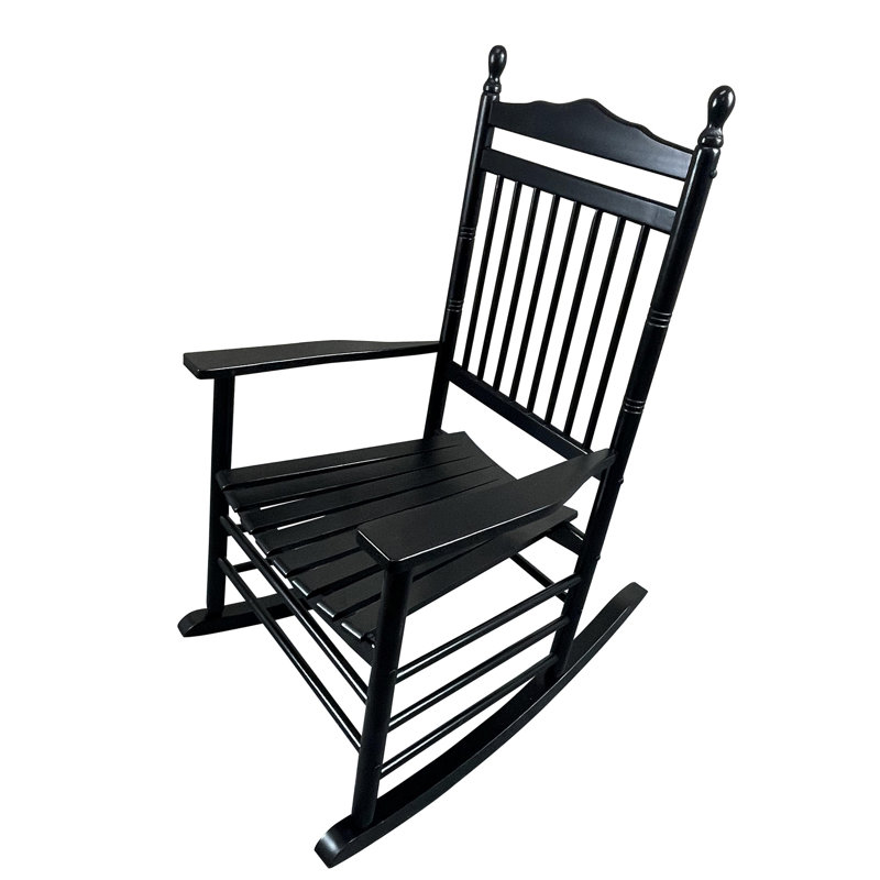 Chaise berçante noire pour adultes sur le balcon et le porche - Bois massif avec siège de détente protégé et accoudoir Dossier à lattes ferme Assemblage facile inclus Instructions de quincaillerie Limite de poids: 280 livres