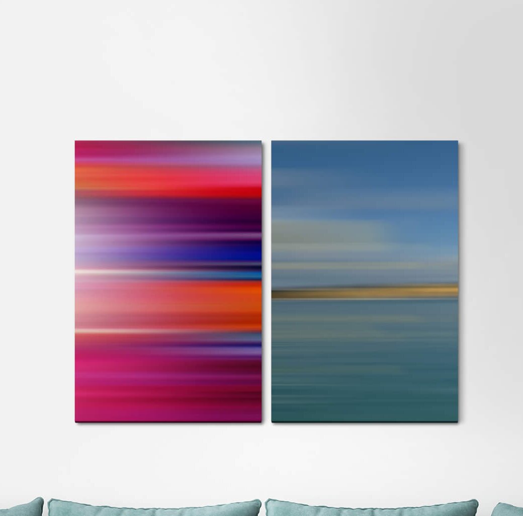 2-tlg. Leinwandbilder-Set - Grafikdruck „Red Horizon Blue Turquoise Minimal Modern Colourful”