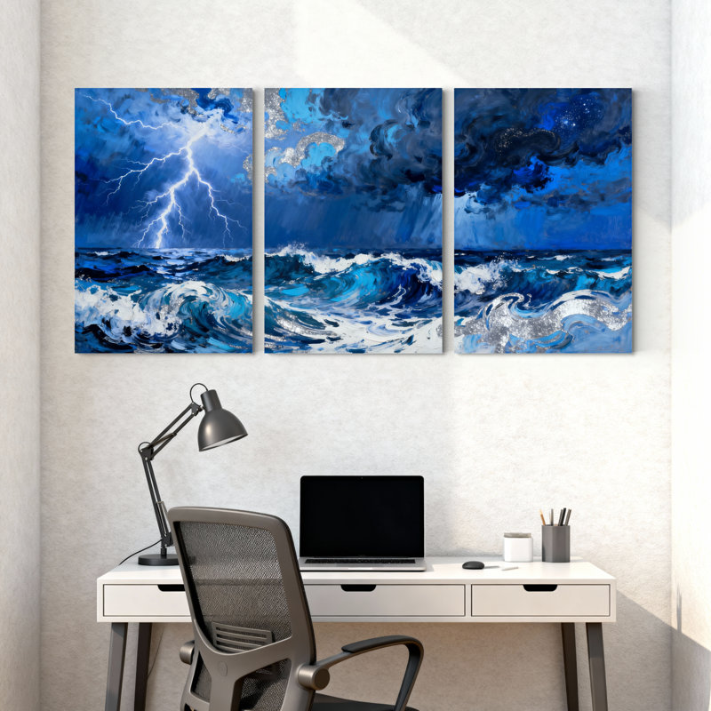 Nautique et plage, vagues de l'océan orageux, éclair de ciel, ensemble de 3 impressions, H 24 po x l 48 po