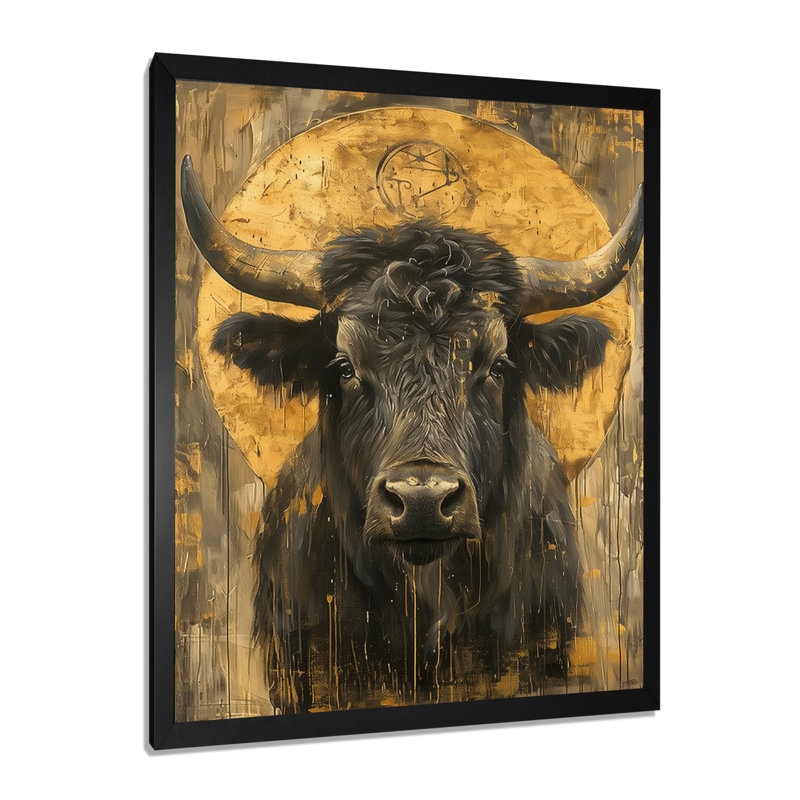 Golden Taurus Zodiac Portrait - Bétail, reproduction d'art murale, Toile encadrée noire simple, H 20 po x l 12 po x P 1 po